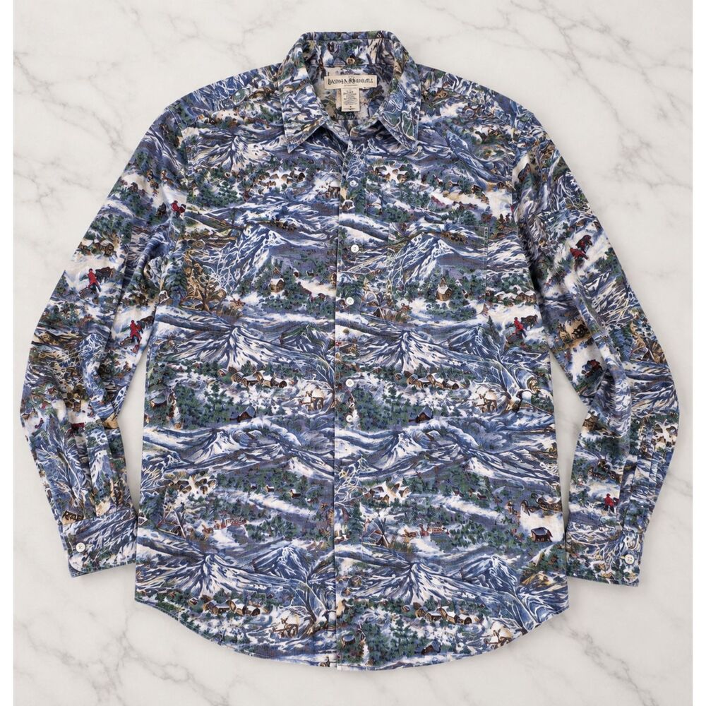 Vintage Banana Republic Men's Large 100% Cotton Alpine Mountain Village Print
